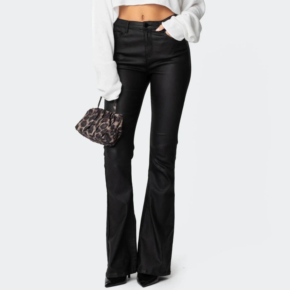 Edikted Luna Black Faux Leather Flare Jeans Women's Size Medium Baddie Goth Punk